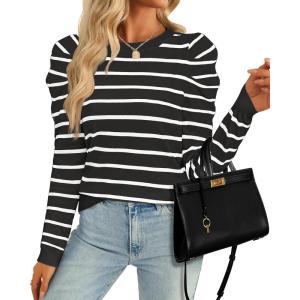 imageZESICA Womens Striped Puff Long Sleeve Tops Fall Crewneck Ribbed Knit Casual Pullover SweatersBlack