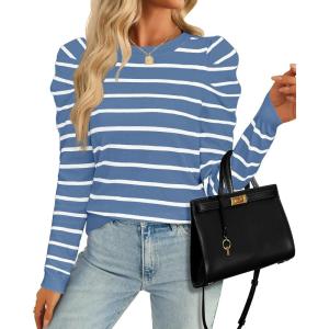 imageZESICA Womens Striped Puff Long Sleeve Tops Fall Crewneck Ribbed Knit Casual Pullover SweatersBlue