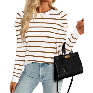 imageZESICA Womens Striped Puff Long Sleeve Tops Fall Crewneck Ribbed Knit Casual Pullover SweatersBrown