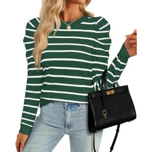 imageZESICA Womens Striped Puff Long Sleeve Tops Fall Crewneck Ribbed Knit Casual Pullover SweatersGreen