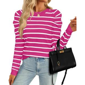 imageZESICA Womens Striped Puff Long Sleeve Tops Fall Crewneck Ribbed Knit Casual Pullover SweatersRose