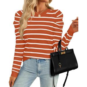 imageZESICA Womens Striped Puff Long Sleeve Tops Fall Crewneck Ribbed Knit Casual Pullover SweatersRust