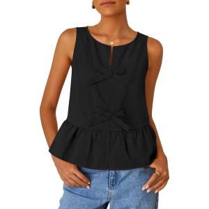 imageZESICA Womens Summer Sleeveless Tank Tops Crewneck Tie Front Loose Flowy Ruffle Peplum Babydoll BlousesBlack