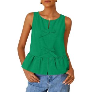 imageZESICA Womens Summer Sleeveless Tank Tops Crewneck Tie Front Loose Flowy Ruffle Peplum Babydoll BlousesGreen