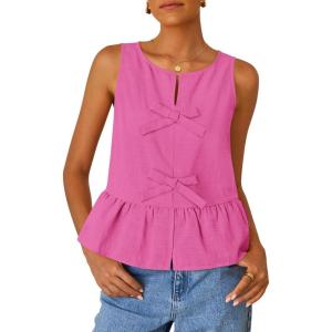 imageZESICA Womens Summer Sleeveless Tank Tops Crewneck Tie Front Loose Flowy Ruffle Peplum Babydoll BlousesHotpink