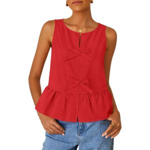 imageZESICA Womens Summer Sleeveless Tank Tops Crewneck Tie Front Loose Flowy Ruffle Peplum Babydoll BlousesRed