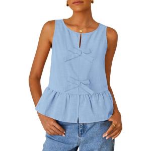 imageZESICA Womens Summer Sleeveless Tank Tops Crewneck Tie Front Loose Flowy Ruffle Peplum Babydoll BlousesSky
