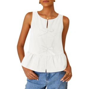 imageZESICA Womens Summer Sleeveless Tank Tops Crewneck Tie Front Loose Flowy Ruffle Peplum Babydoll BlousesWhite