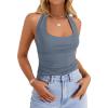 imageZESICA Womens Halter Tank Tops 2025 Summer Scoop Neck Backless Shirts Slim Fitted Casual Ruched Sleeveless TopsDarkblue