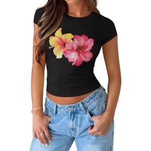 imageZESICA Womens 2025 Summer Short Sleeve Crop Tops Crewneck Graphic Baby Tees Y2K Slim Fit Basic ShirtsBlack