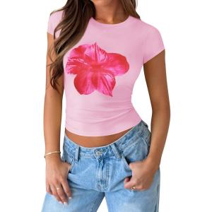 imageZESICA Womens 2025 Summer Short Sleeve Crop Tops Crewneck Graphic Baby Tees Y2K Slim Fit Basic ShirtsPink
