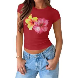 imageZESICA Womens 2025 Summer Short Sleeve Crop Tops Crewneck Graphic Baby Tees Y2K Slim Fit Basic ShirtsRed