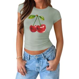 imageZESICA Womens 2025 Summer Short Sleeve Crop Tops Crewneck Graphic Baby Tees Y2K Slim Fit Basic ShirtsSage