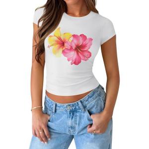 imageZESICA Womens 2025 Summer Short Sleeve Crop Tops Crewneck Graphic Baby Tees Y2K Slim Fit Basic ShirtsWhite