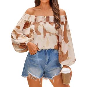 imageZESICA Womens Summer Off Shoulder Tops 2025 Floral Chiffon Long Sleeve Loose Dressy Casual Shirts BlousesBrown