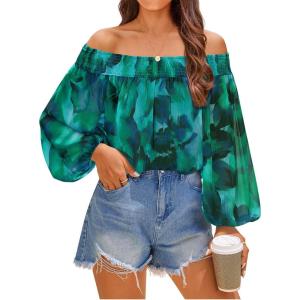 imageZESICA Womens Summer Off Shoulder Tops 2025 Floral Chiffon Long Sleeve Loose Dressy Casual Shirts BlousesGreen