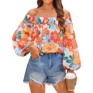 imageZESICA Womens Summer Off Shoulder Tops 2025 Floral Chiffon Long Sleeve Loose Dressy Casual Shirts BlousesOrange