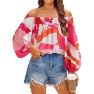 imageZESICA Womens Summer Off Shoulder Tops 2025 Floral Chiffon Long Sleeve Loose Dressy Casual Shirts BlousesPink