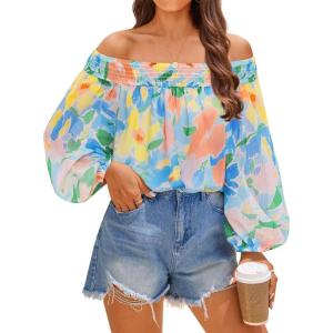 imageZESICA Womens Summer Off Shoulder Tops 2025 Floral Chiffon Long Sleeve Loose Dressy Casual Shirts BlousesSky