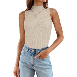 imageZESICA Womens Summer Ribbed High Neck Tank Tops Slim Fit Fashion Casual Basic Knit Sleeveless ShirtsAlmond
