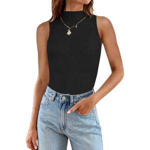 imageZESICA Womens Summer Ribbed High Neck Tank Tops Slim Fit Fashion Casual Basic Knit Sleeveless ShirtsBlack
