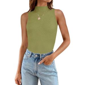 imageZESICA Womens Summer Ribbed High Neck Tank Tops Slim Fit Fashion Casual Basic Knit Sleeveless ShirtsGreen
