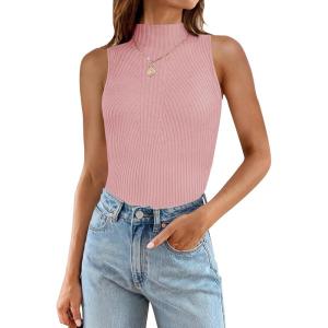 imageZESICA Womens Summer Ribbed High Neck Tank Tops Slim Fit Fashion Casual Basic Knit Sleeveless ShirtsPink