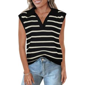 imageZESICA Womens Summer Sweaters Vest 2025 V Neck Cap Sleeve Sleeveless Ribbed Knit Spring Tank TopsBlack