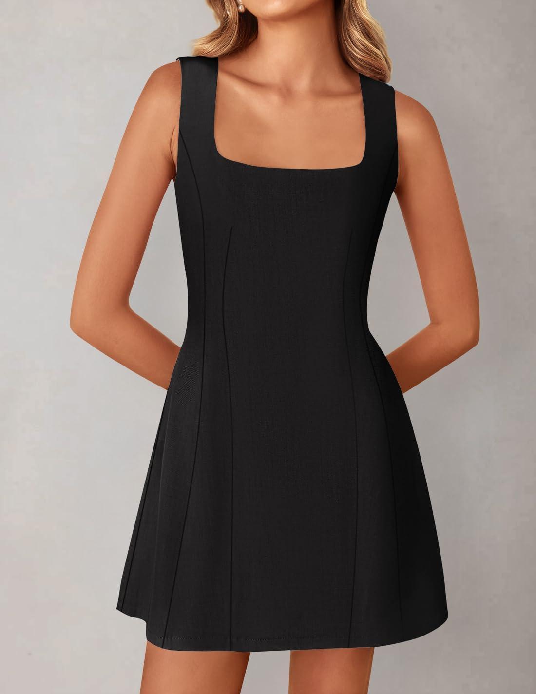 imageZESICA Womens 2025 Summer Sleeveless Tank Mini Dresses Square Neck A Line Flare Party Short DressBlack