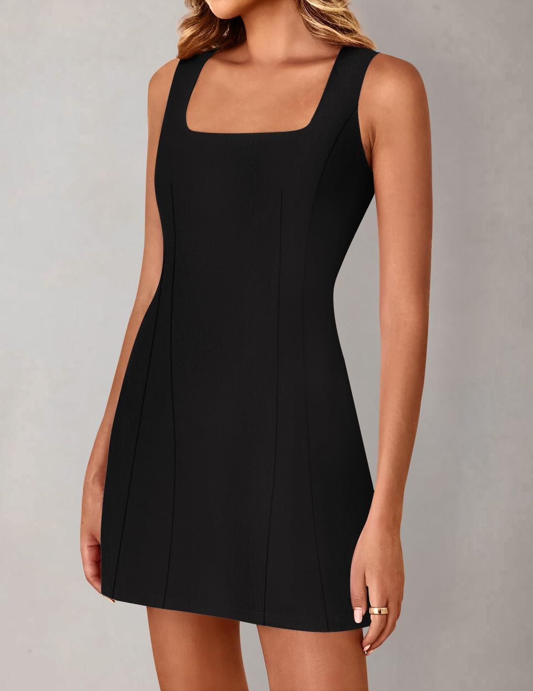 imageZESICA Womens 2025 Summer Sleeveless Tank Mini Dresses Square Neck A Line Flare Party Short DressBlack