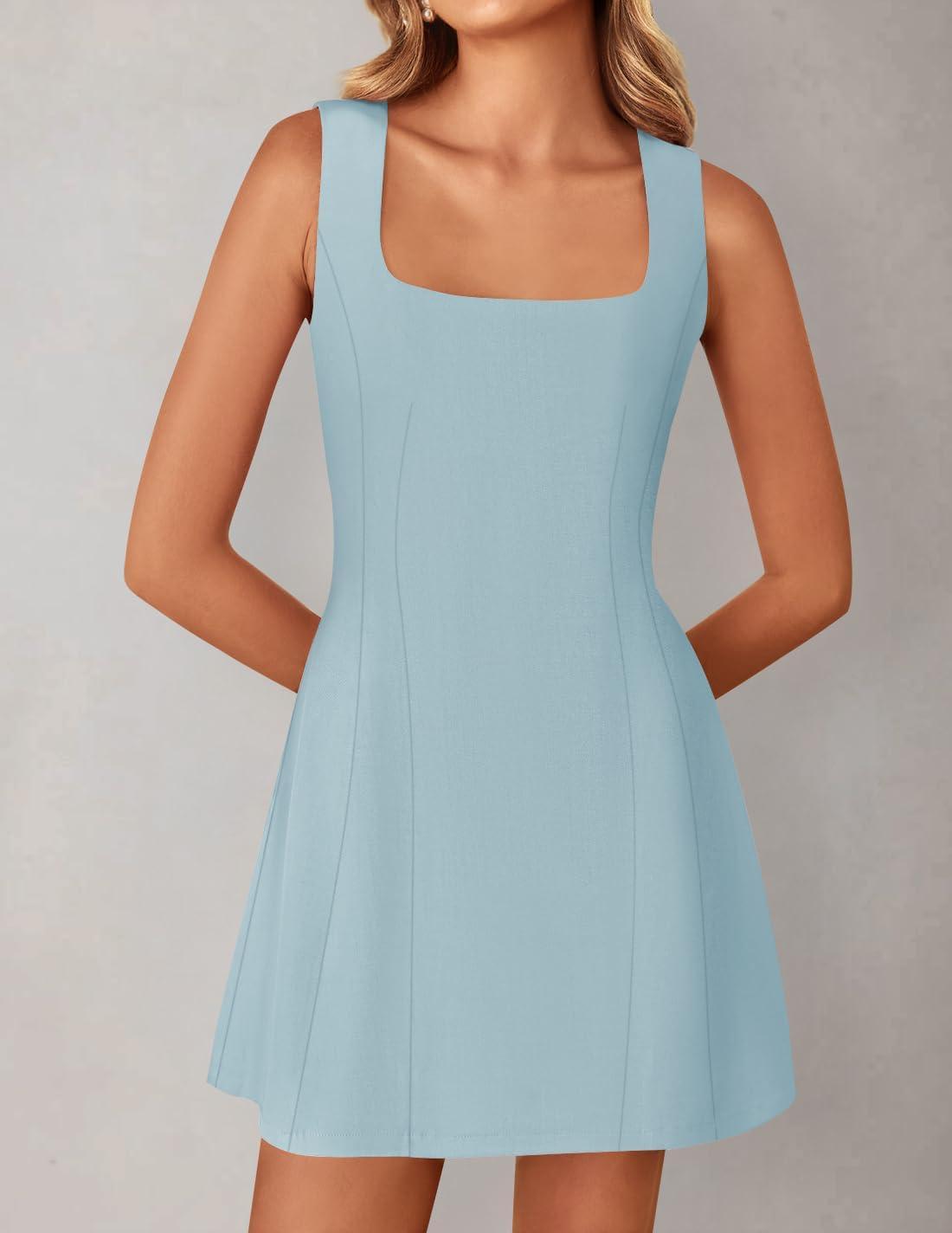 imageZESICA Womens 2025 Summer Sleeveless Tank Mini Dresses Square Neck A Line Flare Party Short DressBlue