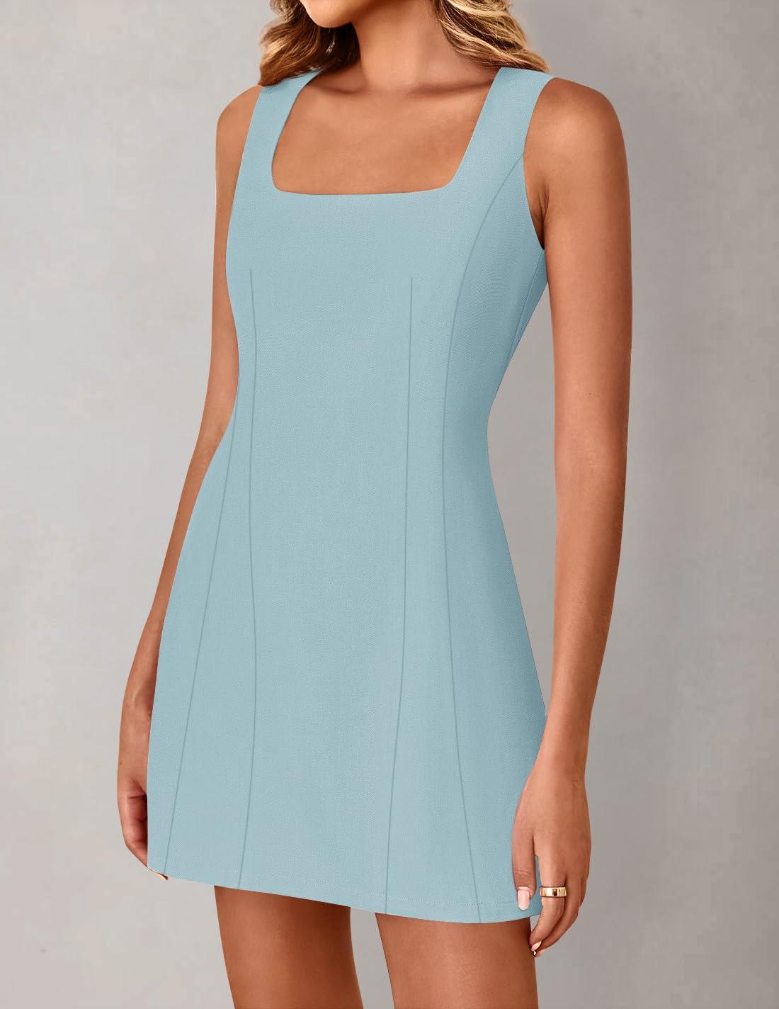 imageZESICA Womens 2025 Summer Sleeveless Tank Mini Dresses Square Neck A Line Flare Party Short DressBlue