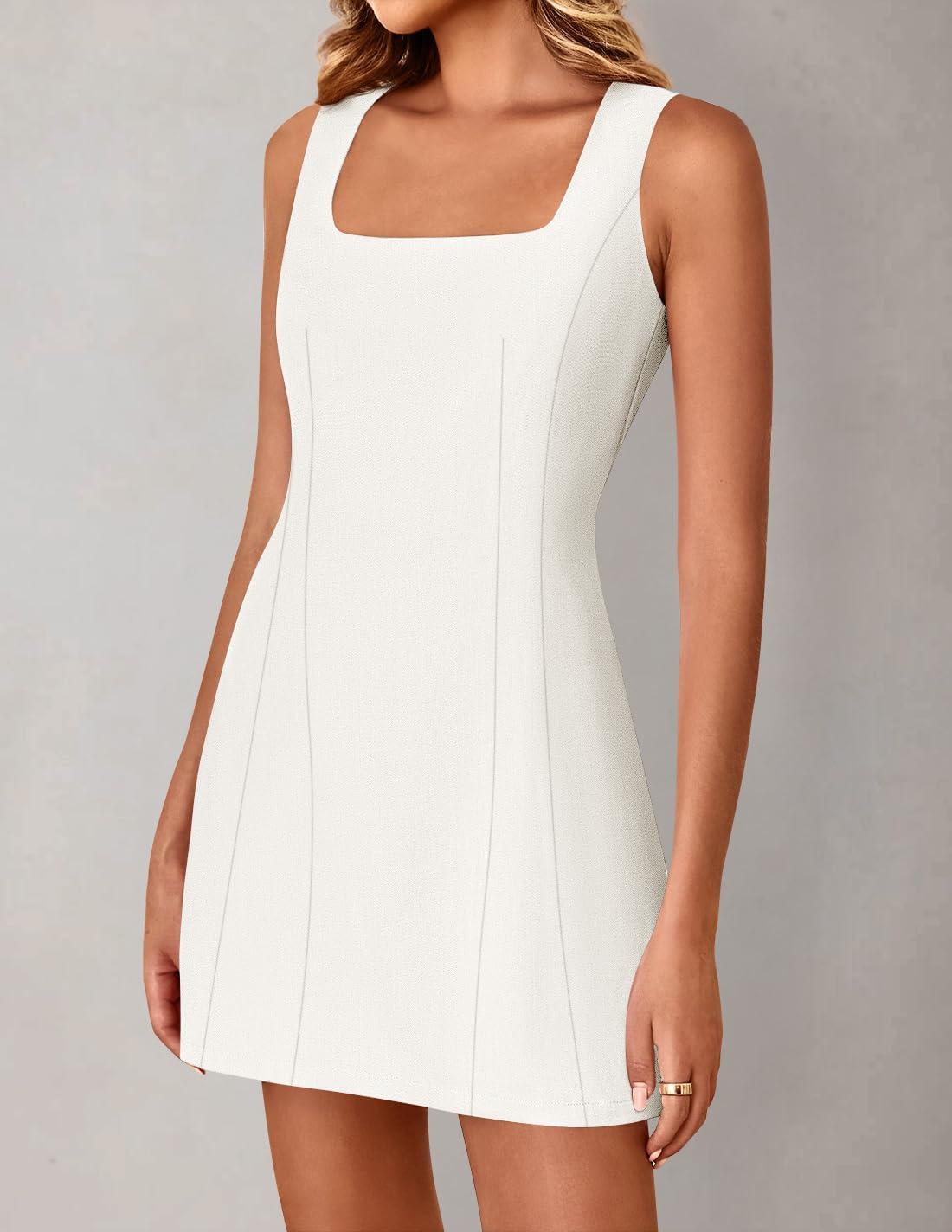 imageZESICA Womens 2025 Summer Sleeveless Tank Mini Dresses Square Neck A Line Flare Party Short DressIvory