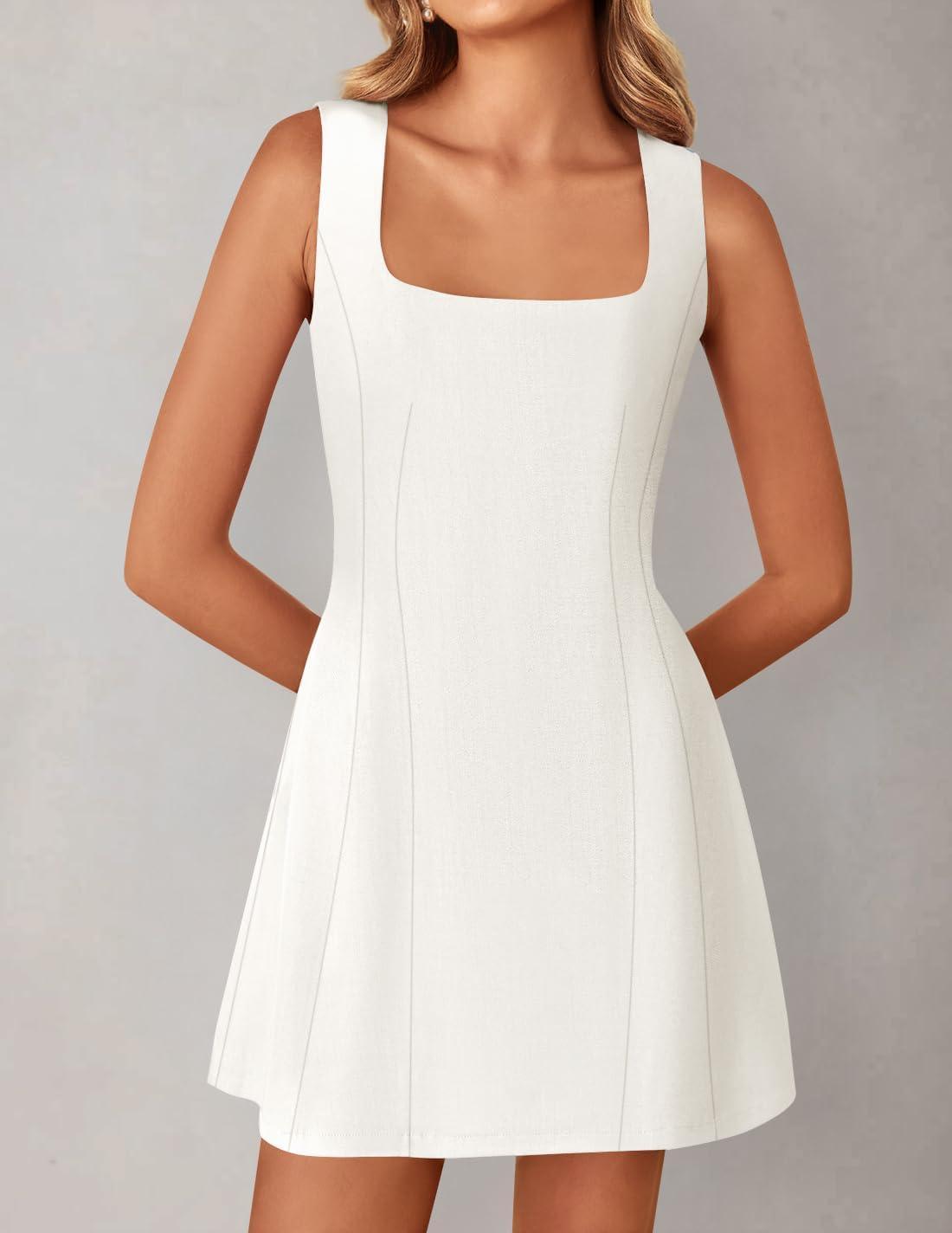 imageZESICA Womens 2025 Summer Sleeveless Tank Mini Dresses Square Neck A Line Flare Party Short DressIvory