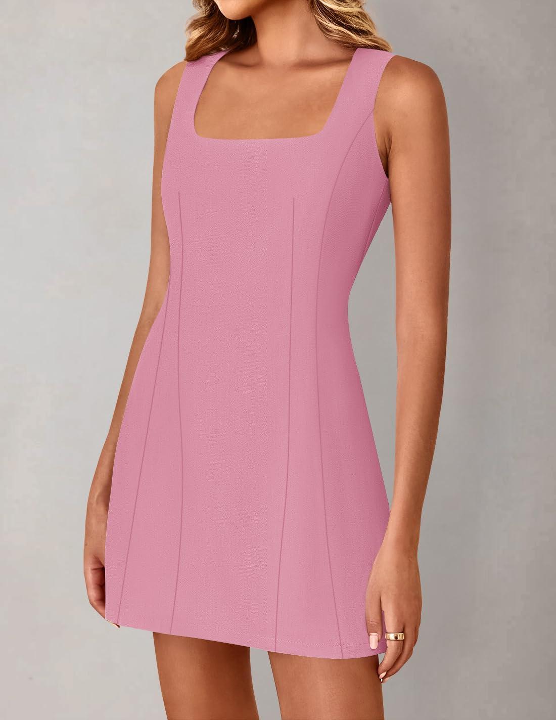 imageZESICA Womens 2025 Summer Sleeveless Tank Mini Dresses Square Neck A Line Flare Party Short DressPink