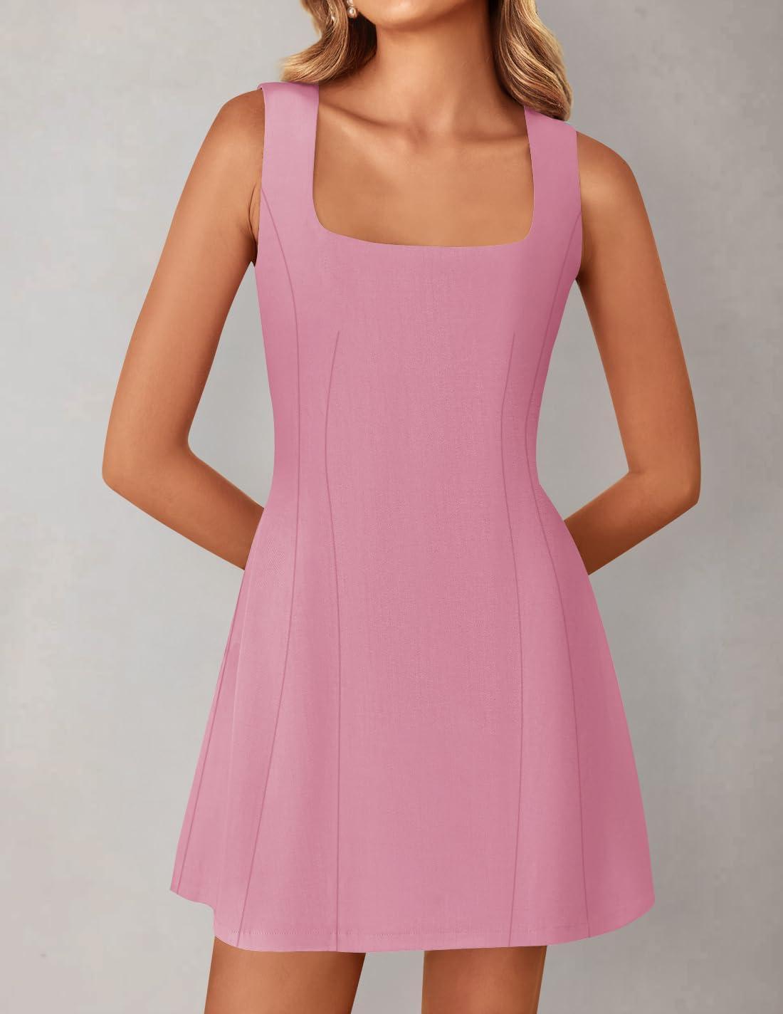 imageZESICA Womens 2025 Summer Sleeveless Tank Mini Dresses Square Neck A Line Flare Party Short DressPink