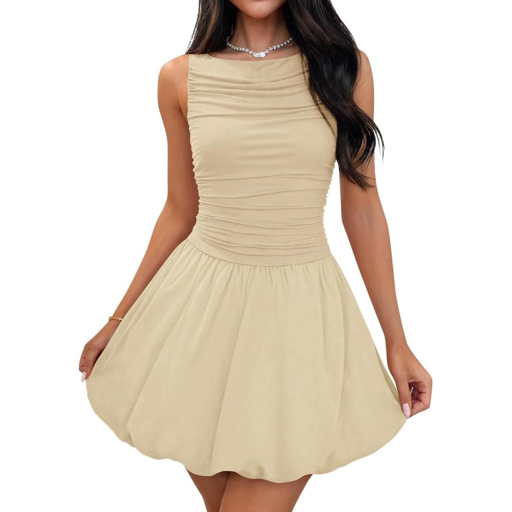 imageZESICA Womens 2025 Summer Boho Sleeveless Ruched Mini Dresses Scoop Neck Bubble A Line Short Tank SundressApricot