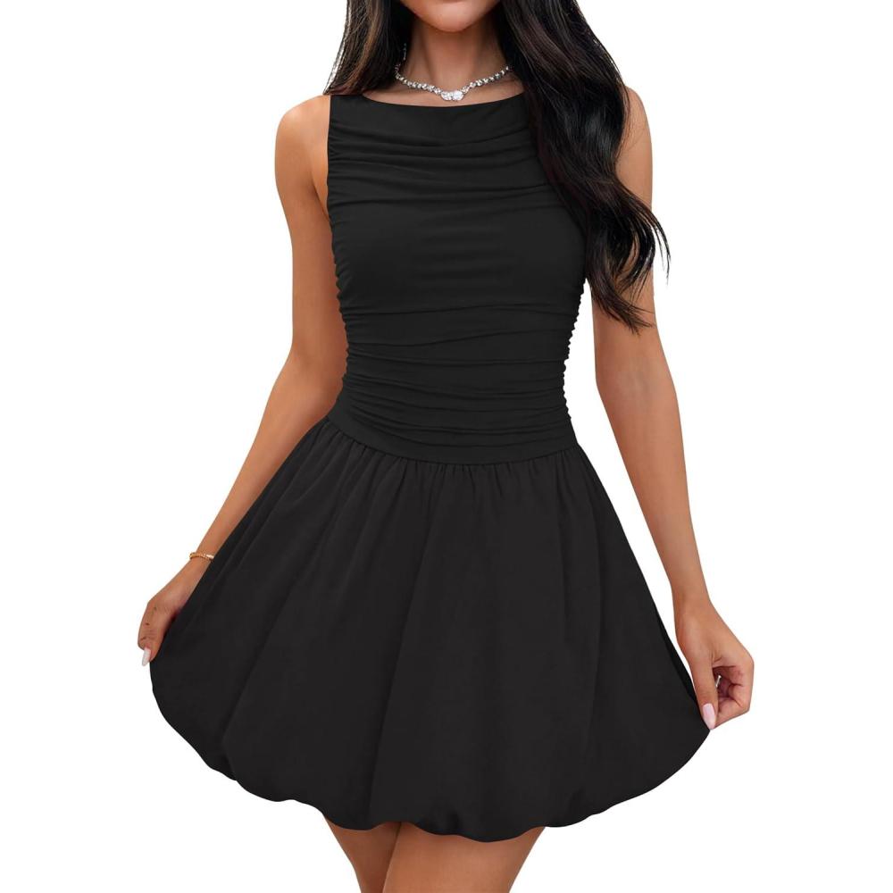 imageZESICA Womens 2025 Summer Boho Sleeveless Ruched Mini Dresses Scoop Neck Bubble A Line Short Tank SundressBlack
