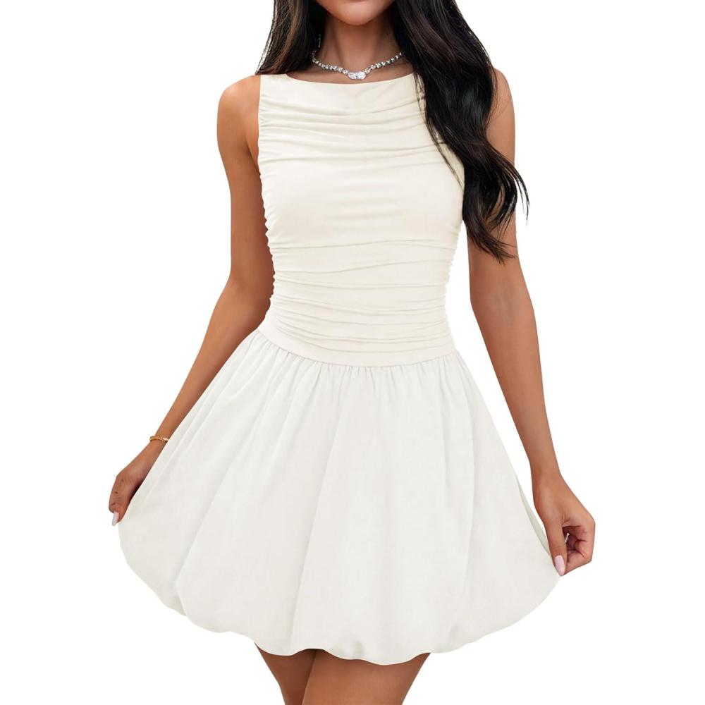 imageZESICA Womens 2025 Summer Boho Sleeveless Ruched Mini Dresses Scoop Neck Bubble A Line Short Tank SundressWhite