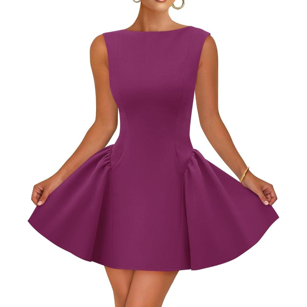 imageZESICA Womens 2025 Summer Sleeveless Cocktail Mini Dress Boat Neck Backless Swing A Line Wedding Club Party Short DressesEggplant