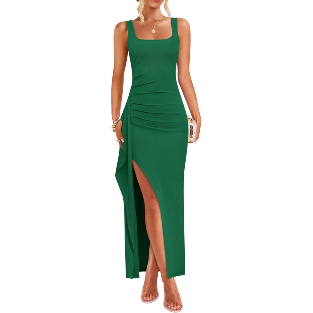 imageZESICA Womens Sleeveless Formal Maxi Dresses 2025 Summer Square Neck High Split Cocktail Party Bodycon Long DressGreen