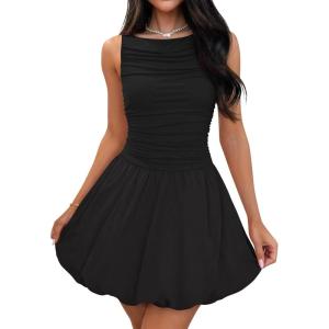 imageZESICA Womens 2025 Summer Boho Sleeveless Ruched Mini Dresses Scoop Neck Bubble A Line Short Tank SundressBlack