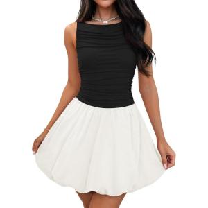 imageZESICA Womens 2025 Summer Boho Sleeveless Ruched Mini Dresses Scoop Neck Bubble A Line Short Tank SundressDim
