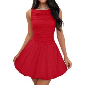 imageZESICA Womens 2025 Summer Boho Sleeveless Ruched Mini Dresses Scoop Neck Bubble A Line Short Tank SundressRed
