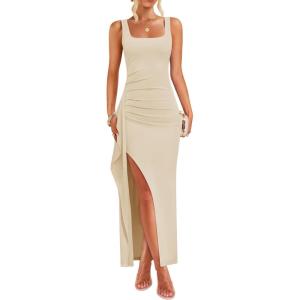 imageZESICA Womens Sleeveless Formal Maxi Dresses 2025 Summer Square Neck High Split Cocktail Party Bodycon Long DressApricot