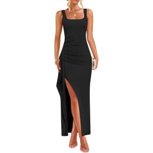 imageZESICA Womens Sleeveless Formal Maxi Dresses 2025 Summer Square Neck High Split Cocktail Party Bodycon Long DressBlack