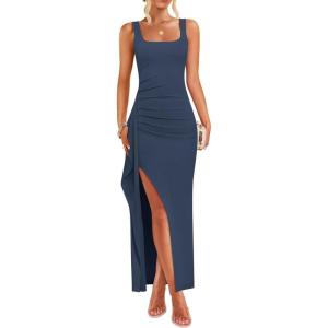imageZESICA Womens Sleeveless Formal Maxi Dresses 2025 Summer Square Neck High Split Cocktail Party Bodycon Long DressNavy