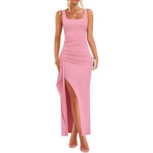 imageZESICA Womens Sleeveless Formal Maxi Dresses 2025 Summer Square Neck High Split Cocktail Party Bodycon Long DressPink
