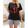 imageZESICA Womens 2025 Summer 2 Piece Lounge Set Short Sleeve Graphic Print Tops and Shorts Outfits with PocketsBlack