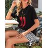 imageZESICA Womens 2025 Summer 2 Piece Lounge Set Short Sleeve Graphic Print Tops and Shorts Outfits with PocketsBlack